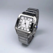 Men's square luxury automatic watch with silver stainless steel bracelet and white Roman-numeral dial