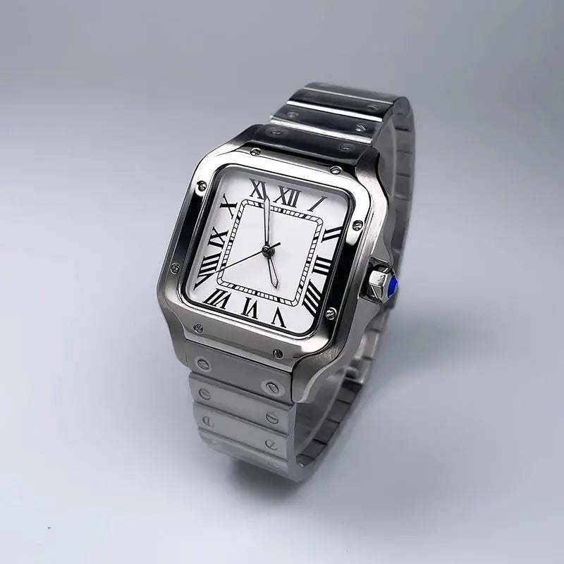 Men's square luxury automatic watch with silver stainless steel bracelet and white Roman-numeral dial