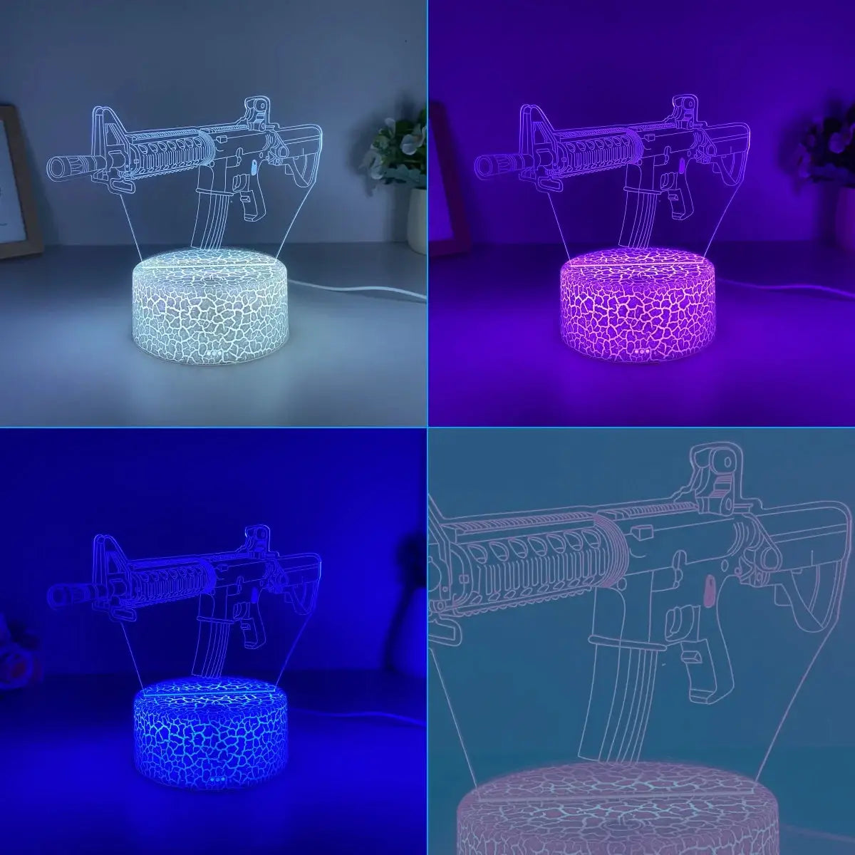 Simples Market Submachine gun modeling night light with crackle-textured base, USB powered, multicolor LED glow.