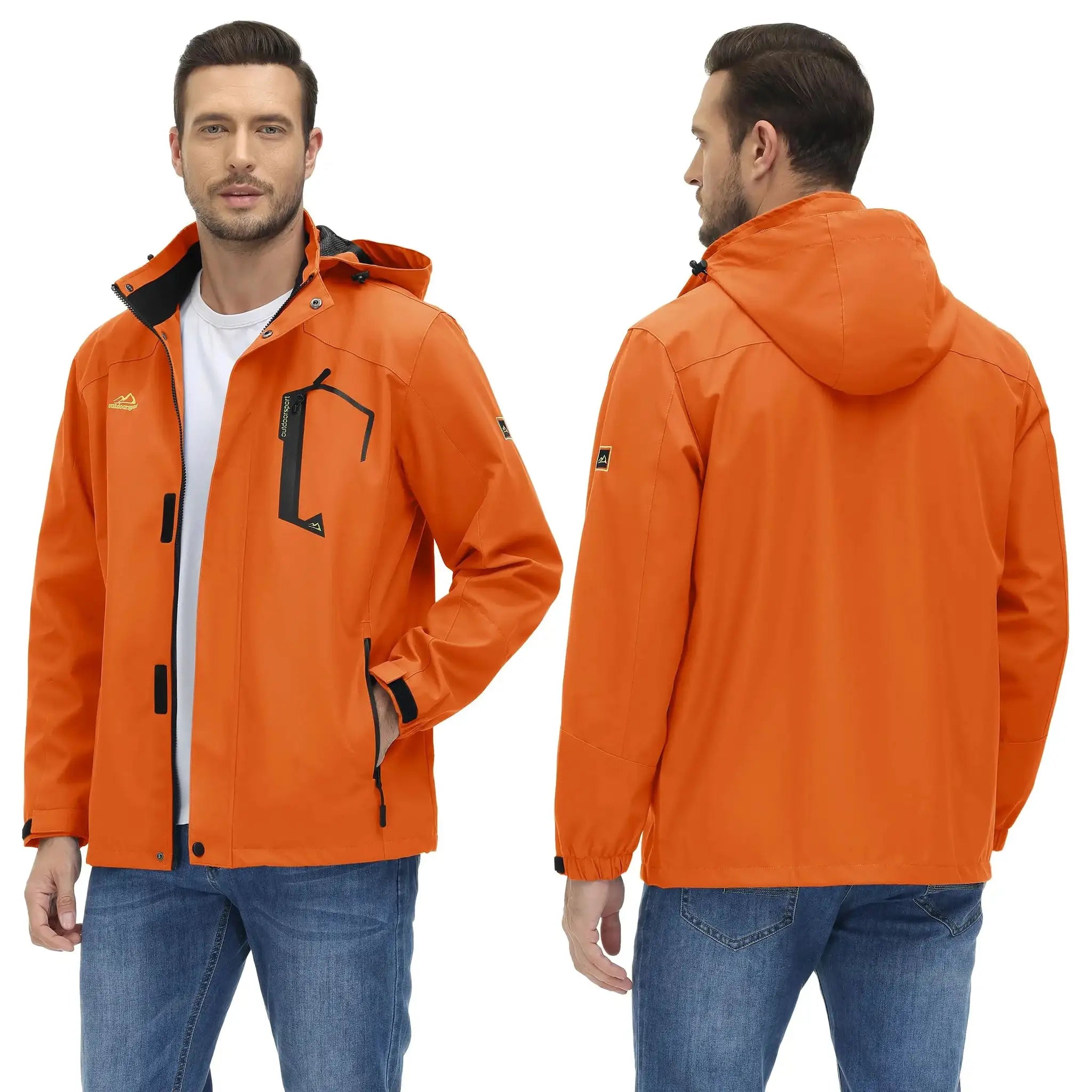 Men's orange TACVASEN lightweight waterproof rain jacket with hood, Simples Market brand; front and back views.