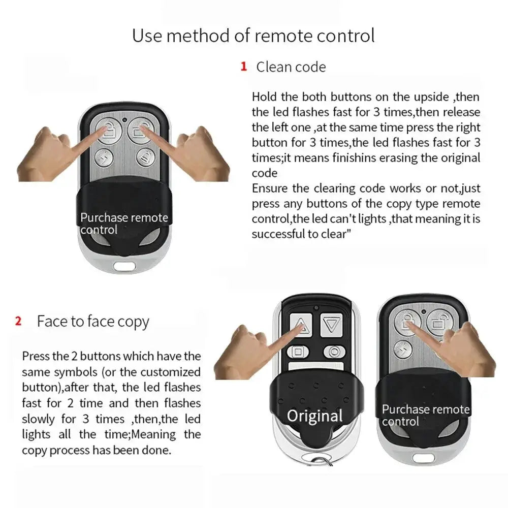 Universal garage door remote clone by Simples Market; black 4-button, 433MHz learning-code remote with 3 remotes shown