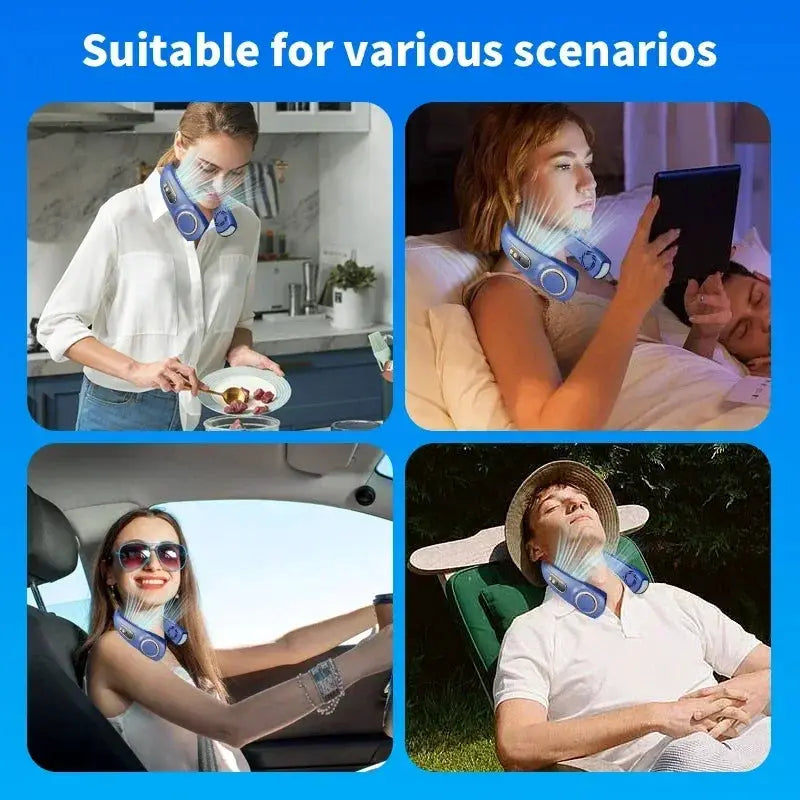 JKUOO portable neck fan by Simples Market, blue bladeless USB-rechargeable with LED cooling plates