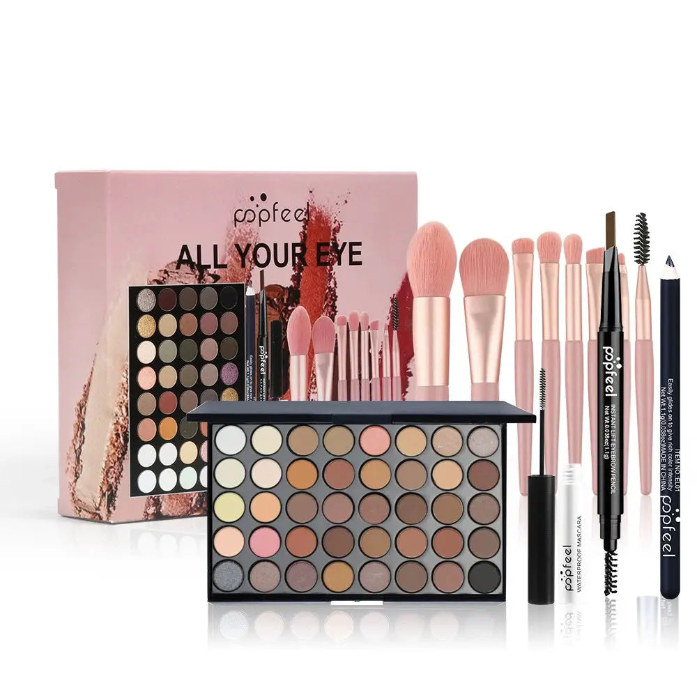 PopFeel 40 Color Eye Makeup Palette Set With Eyebrow Pencil Eyeliner Mascara And Brushes Complete All In One Eye Kit