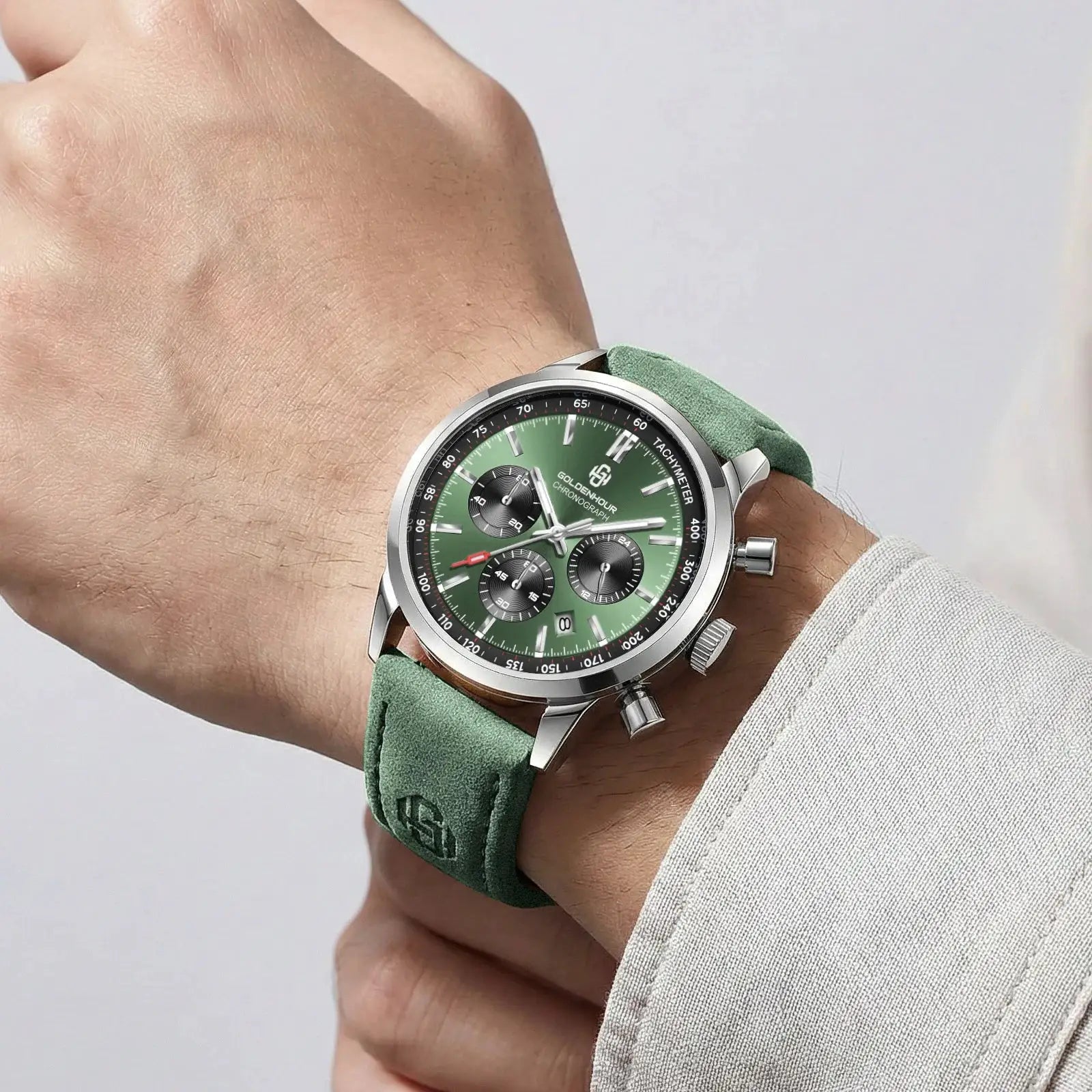 Men's GOLDENHOUR green chronograph watch with green leather strap and stainless steel case