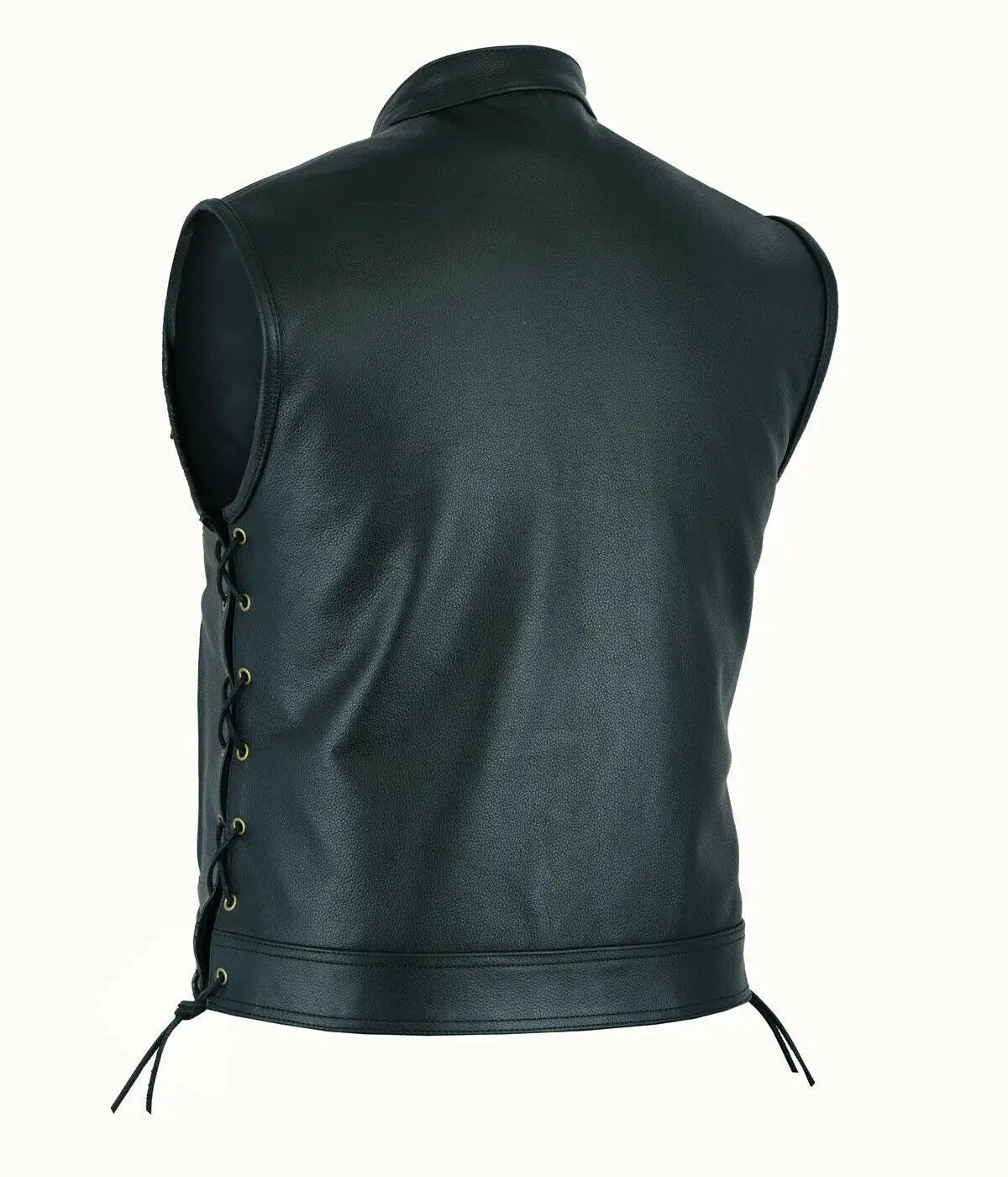 Leather motorcycle vest for men, black with side lace-up details and belt hem