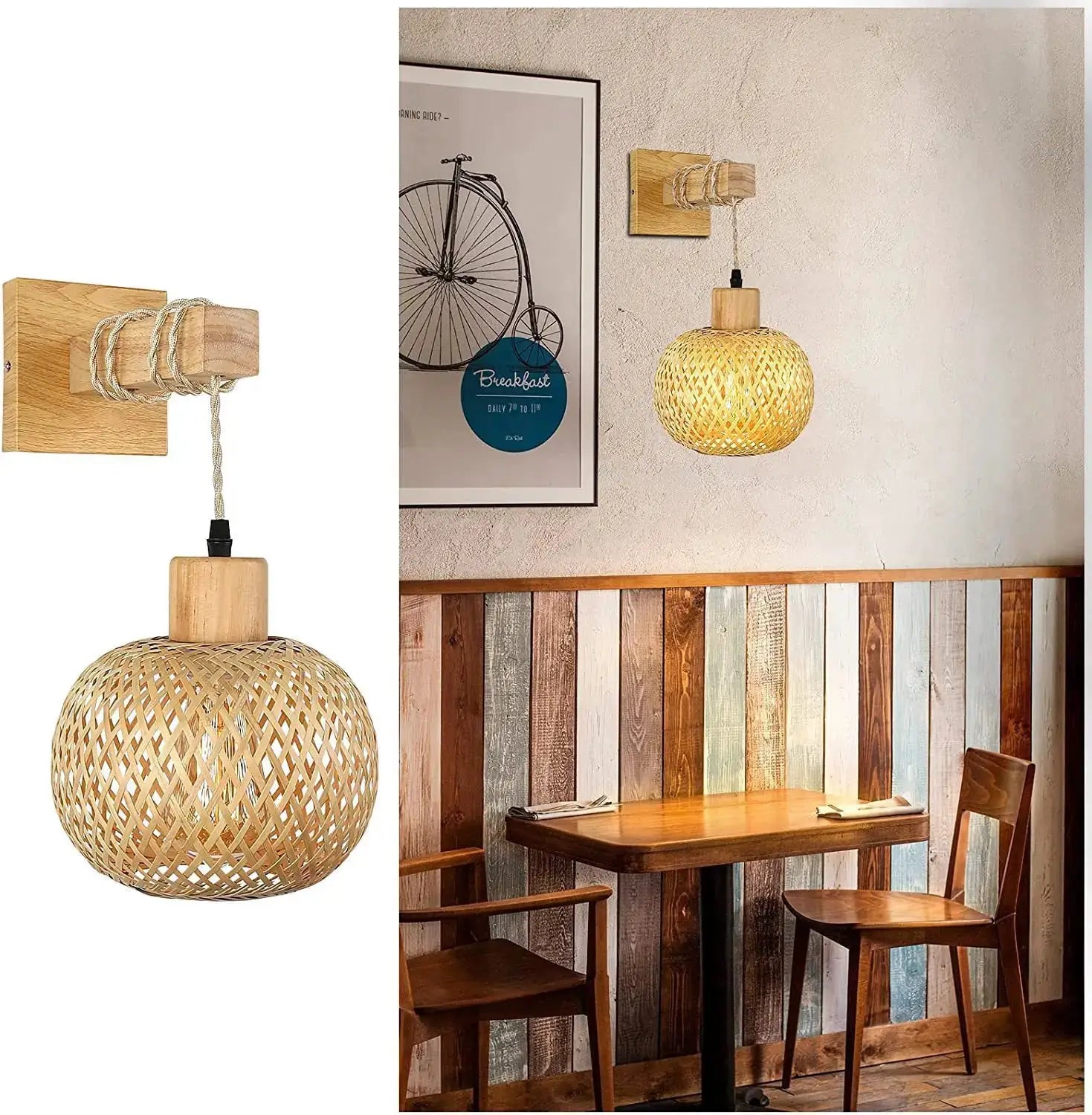 Bamboo lantern wall lamp by Simples Market with natural hand-woven rattan shade and wooden mounting block