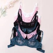 Six women's lace bras with underwire and floral embroidery in teal, pink, black and white
