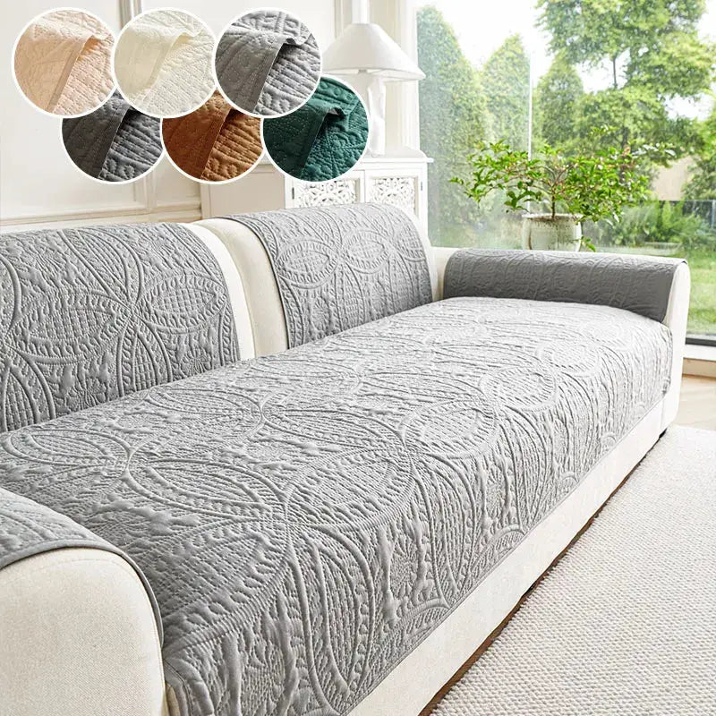1PC sofa cushion cover in gray quilted pattern on a cream sofa; color swatches show available options.