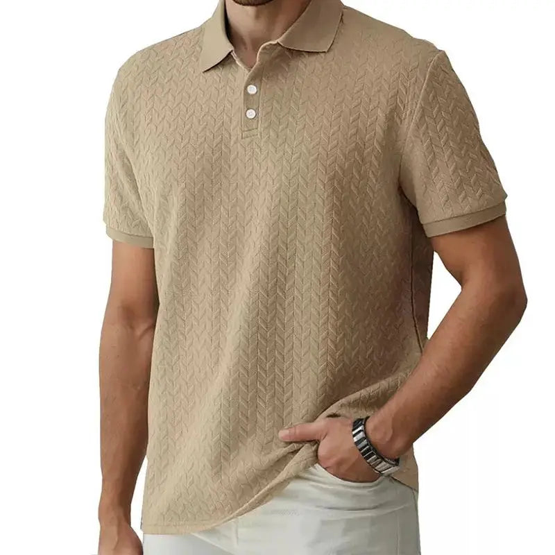 Men's beige textured polo shirt, short sleeves with collar, breathable solid color