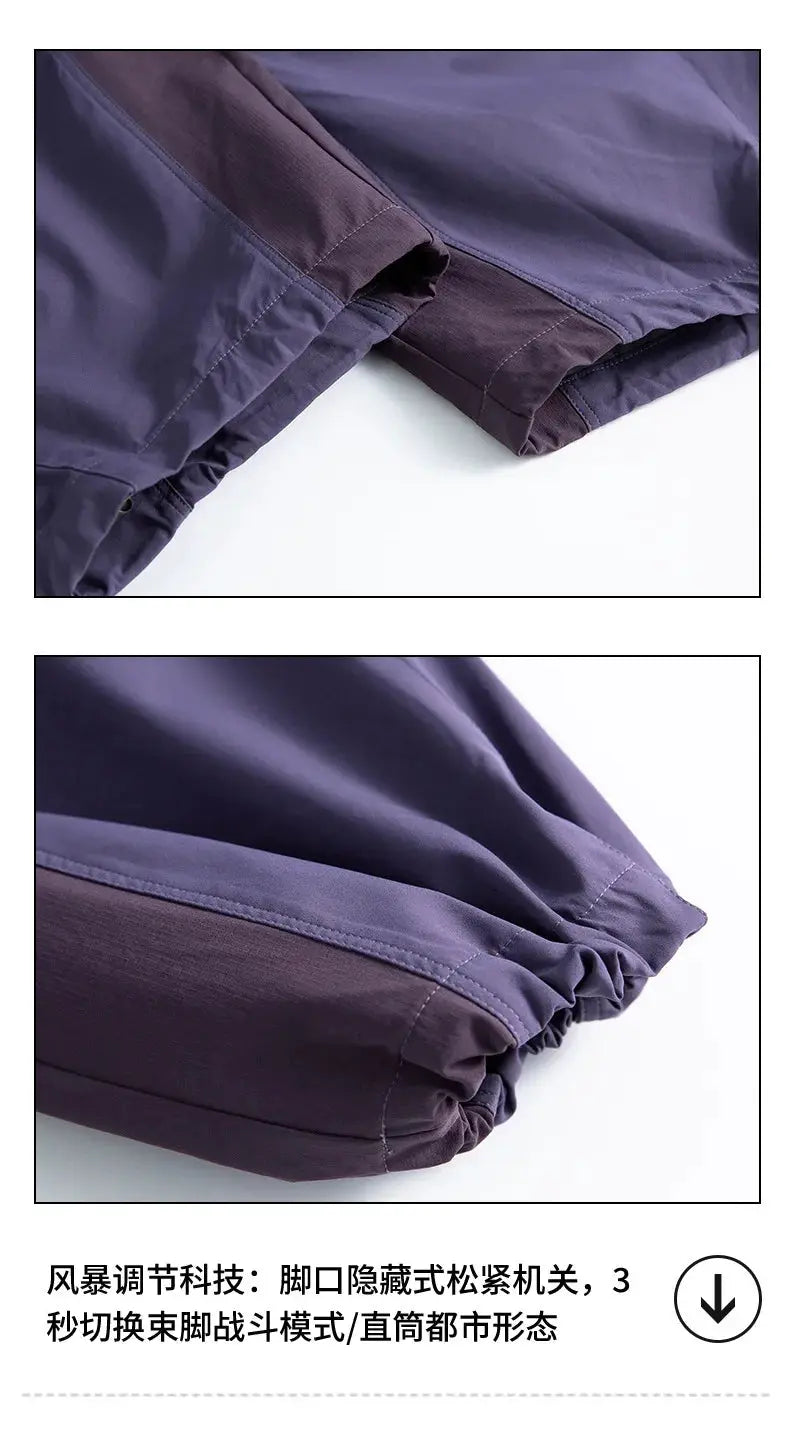 Men's wide-leg techwear cargo pants, purple with elastic cuffs