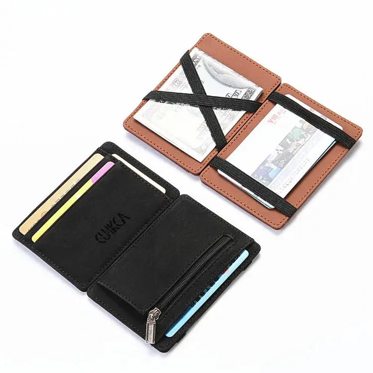 Two mini men card holder wallets in black and brown PU leather with card slots and zippered coin pocket