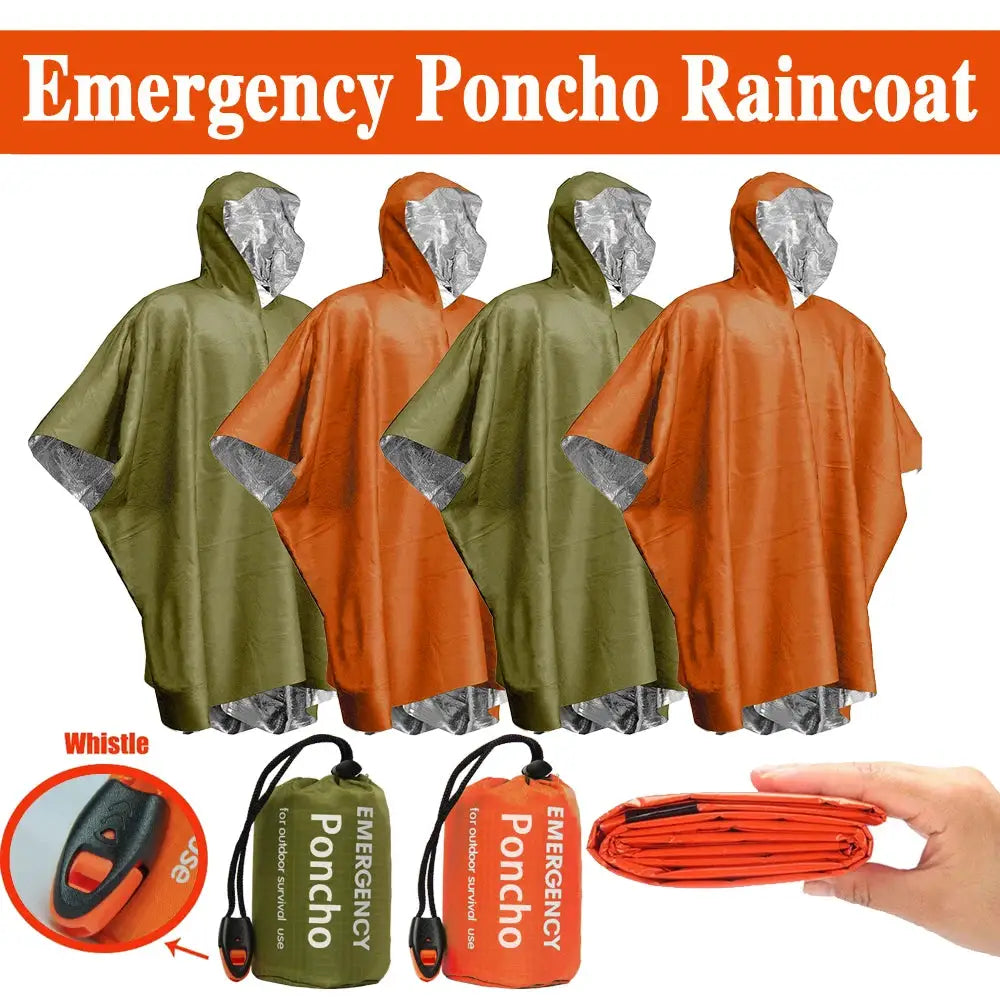 Emergency Waterproof Poncho With Aluminum Film Disposable Thermal Blanket For Camping Survival Gear And Rain Protection