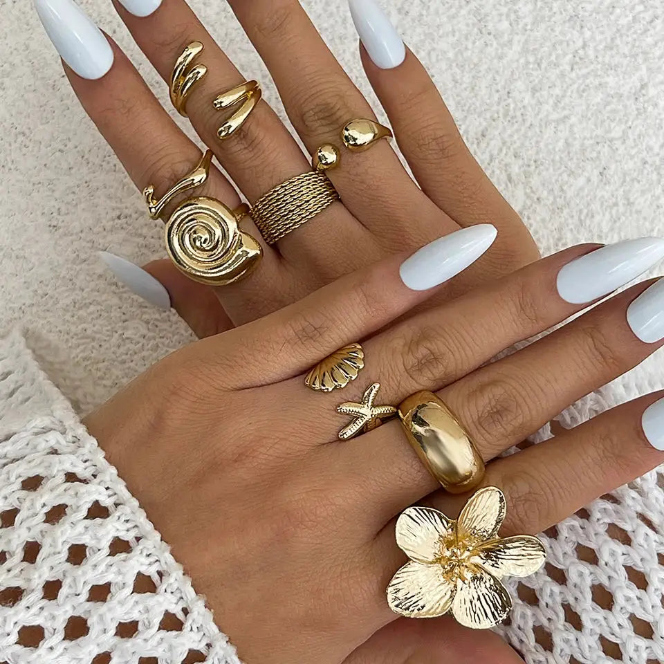 Ingemark 8 Piece Set Vintage Metal Petal Flower Water Drop Open Rings For Women Trend 2025 Goth Geometric Jewelry Gift