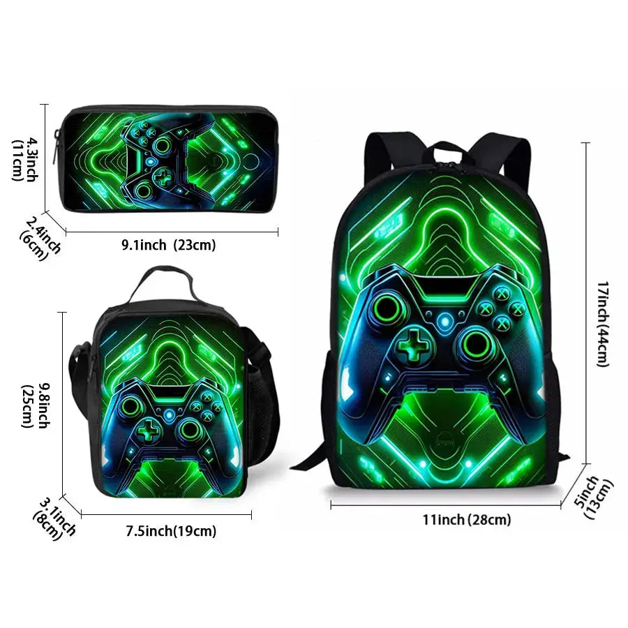 Game console pattern three-piece backpack set from Simples Market includes large backpack, lunch bag, and pencil case with neon green/blue controller design