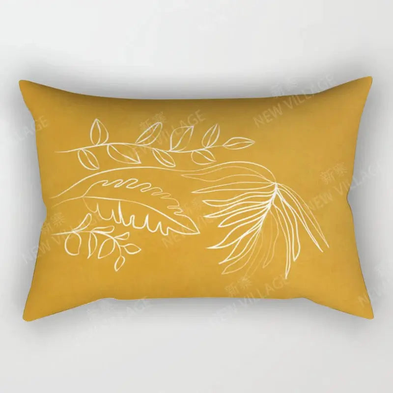 Nordic fall throw pillow cover in mustard yellow with white botanical line art for boho living room