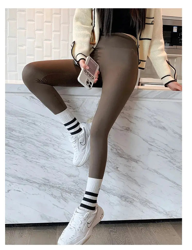 BIVIGAOS women’s brown brushed leggings, high-waist seamless slim-fit sports pants