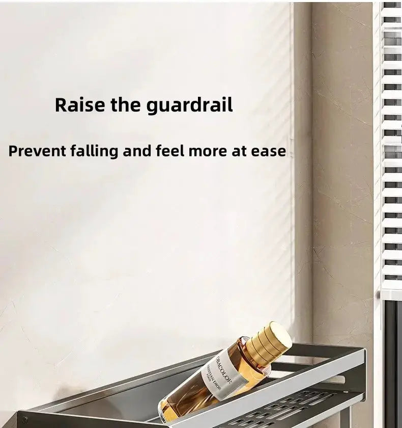 Aluminum corner bathroom shelf by Simples Market with guardrail; no-drill shampoo organizer and towel holder.