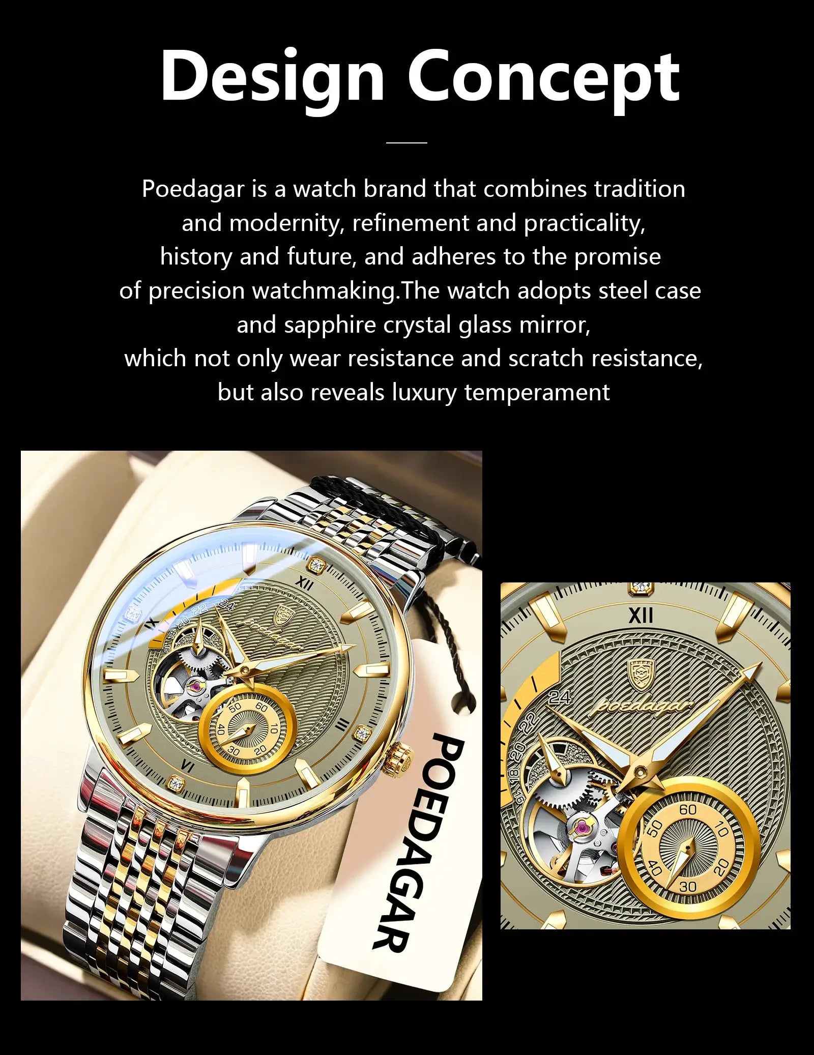 POEDAGAR luxury men's wristwatch with skeleton tourbillon, stainless steel two-tone bracelet; two watches