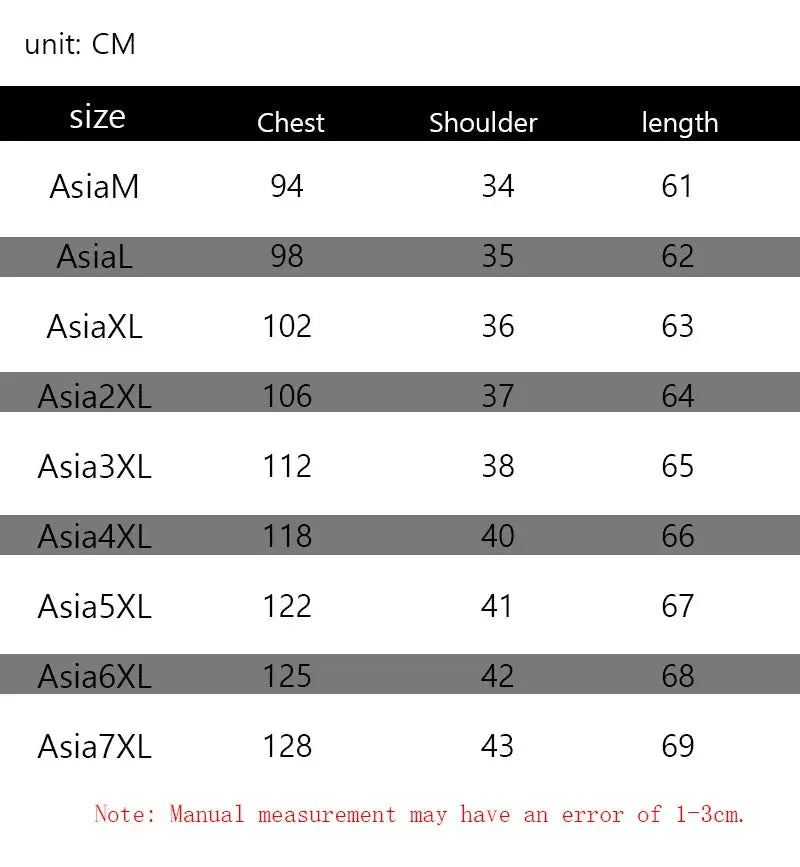 Simples Market vest size chart for M-7XL; Asian chest/shoulder/length in cm, note 1-3 cm measurement error.