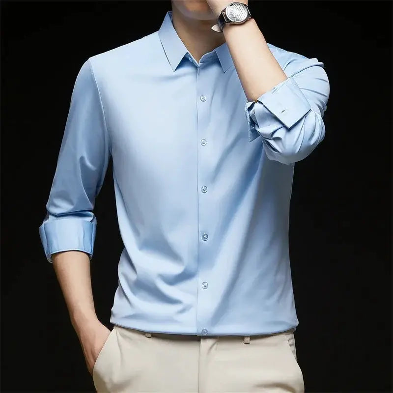 Men's light blue long-sleeve button-down shirt, solid color, ideal for business casual wear