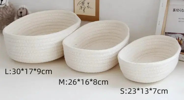 Woven storage baskets set of 3 in white with textured weave, oval shapes for desk organization