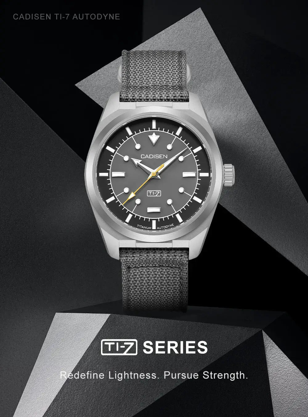 Cadisen TI-7 Autodyne wristwatch with gray dial and canvas strap.