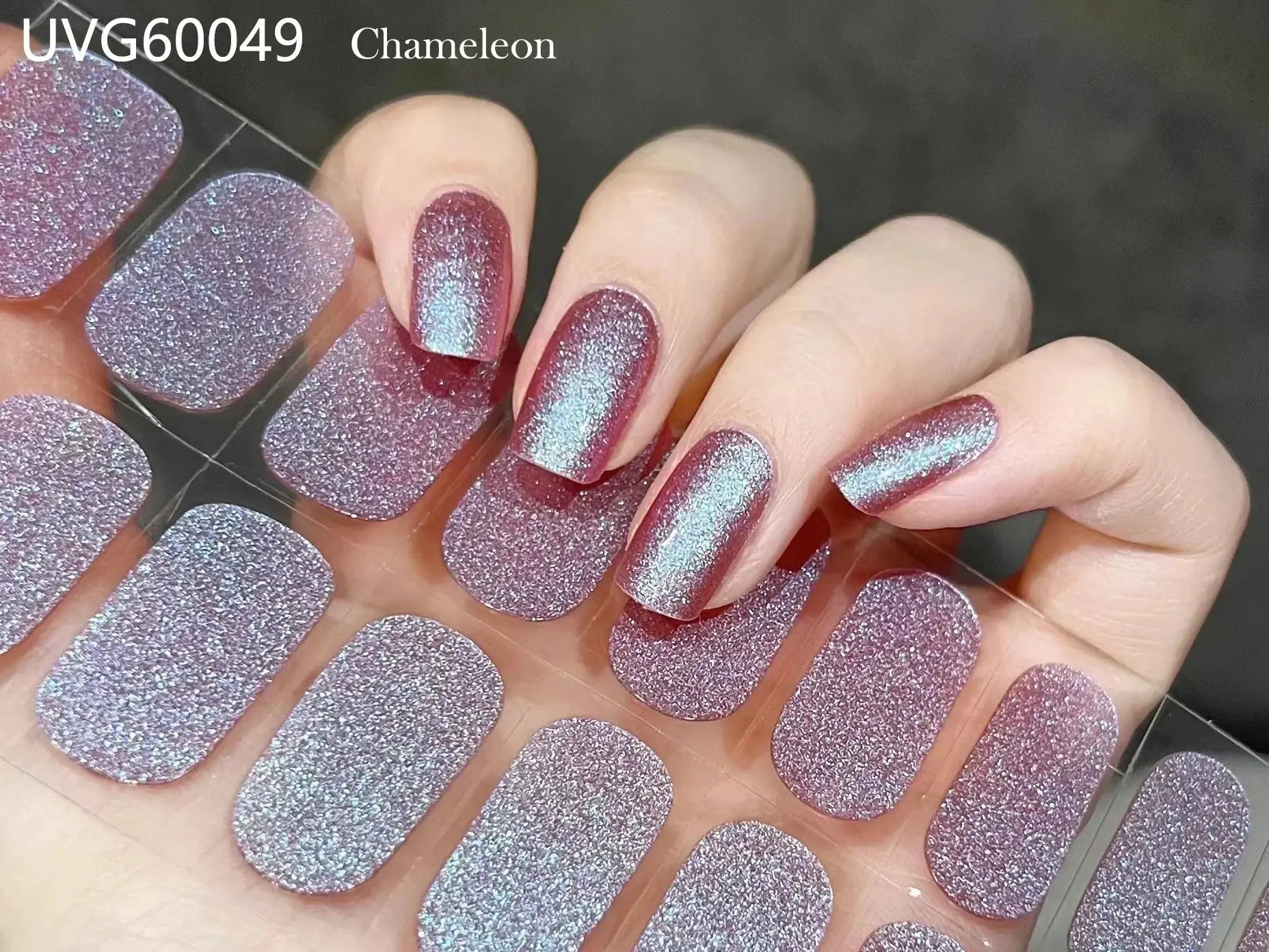 Gel nail wrap sheets by Simples Market; purple glitter full-cover decals with holographic sheen for UV lamp DIY manicure