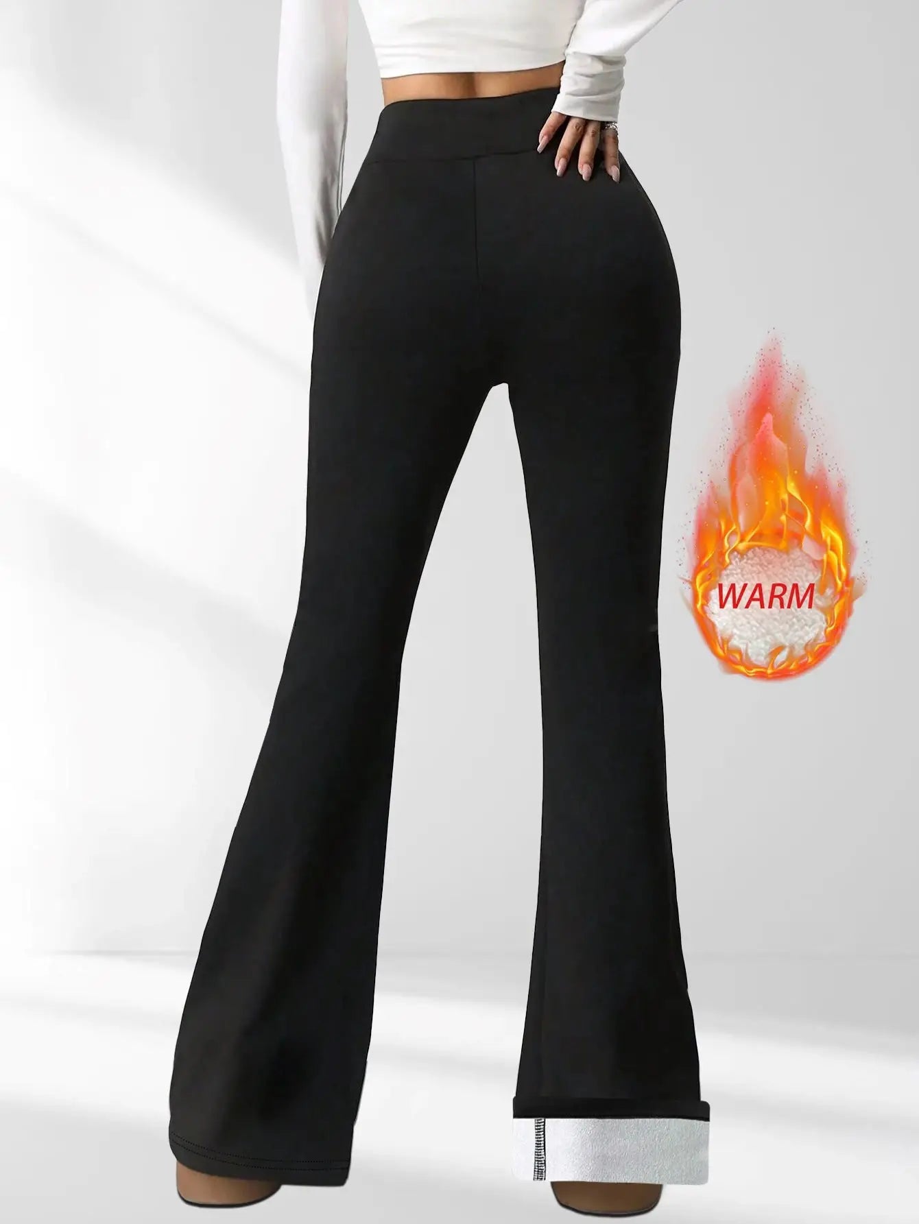 Women's black wool-lined bell-bottom pants with warm plush lining for winter