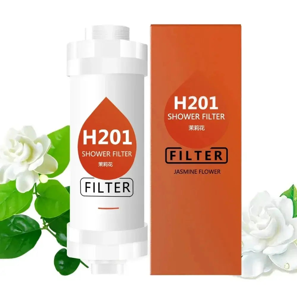 H201 shower filter bottle with orange box, white bottle featuring orange drop logo, Simples Market (2 items)