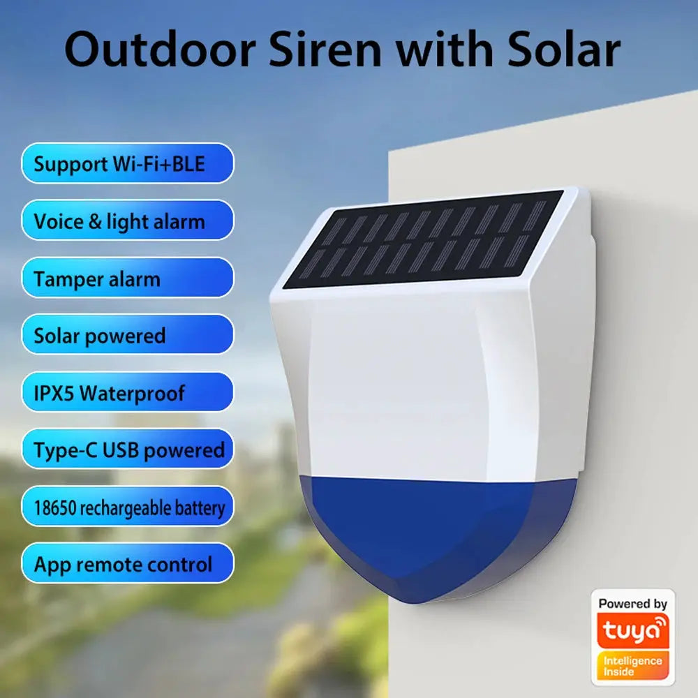 Simples Market Tuya outdoor solar siren alarm, white wall-mounted device with blue base, IPX5 waterproof