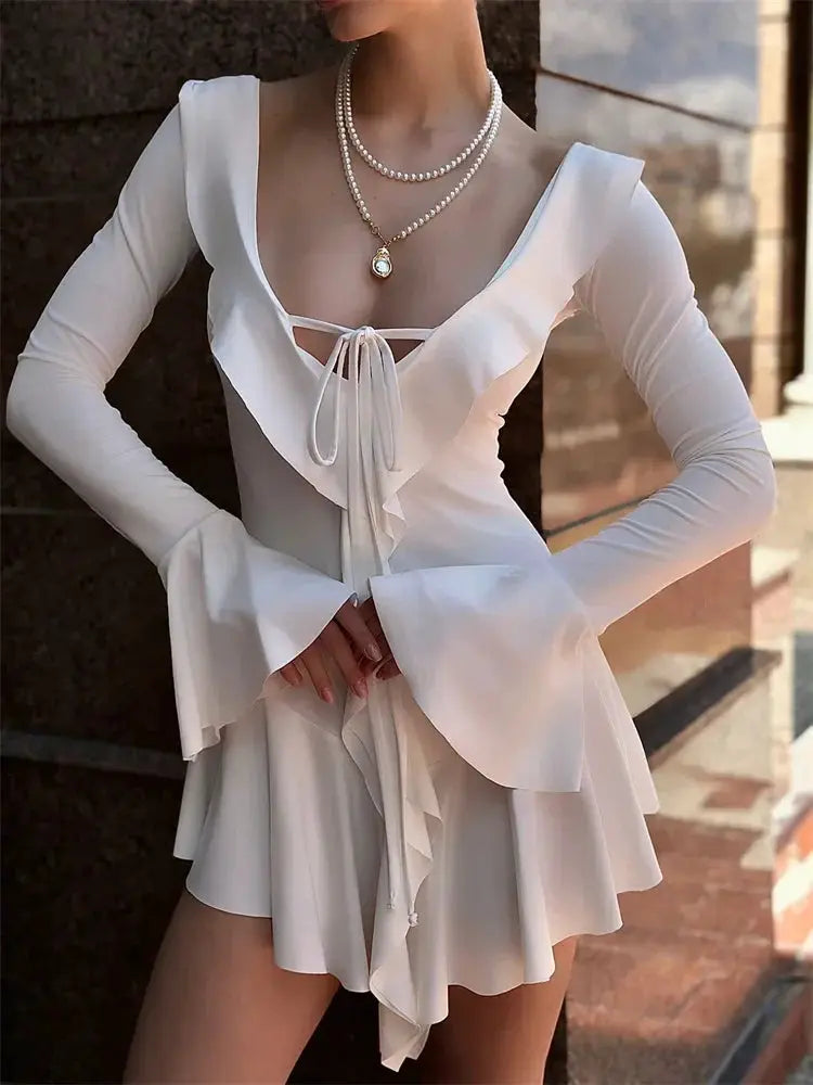Tossy Ruffled Lace Up White Mini Dress V Neck Patchwork Slim Fit Summer Elegance