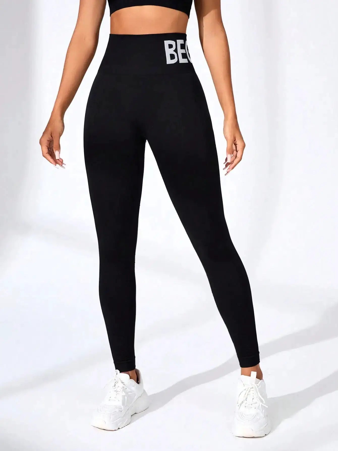 Women's seamless yoga leggings with high waistband lettering, black quick-dry butt-lifting tights