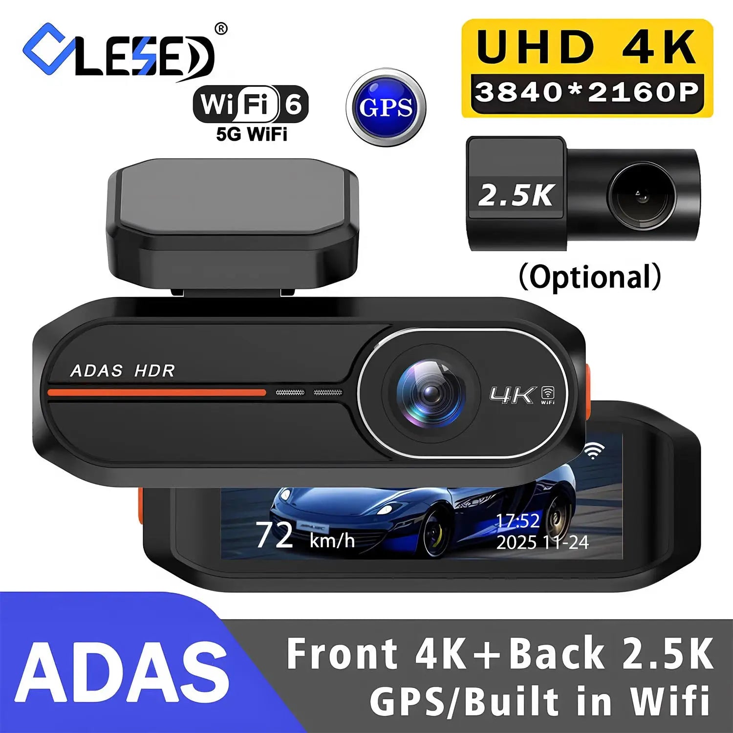 4K Dash Cam with front 4K + rear 2.5K, GPS, WiFi, ADAS, night vision