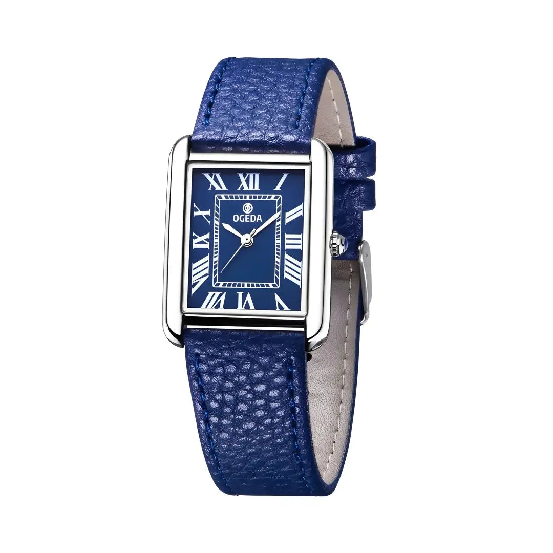 OGEDA square-dial couple watch with blue leather strap, stainless steel case, quartz movement