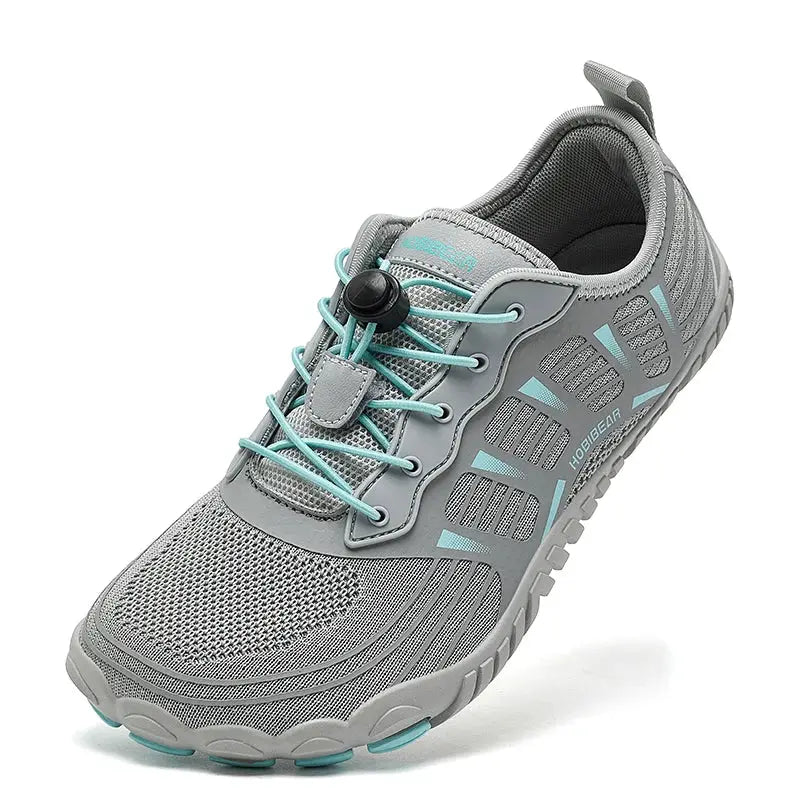 HOBIBEAR unisex barefoot shoes in grey mesh with turquoise laces and elastic band, wide toe design