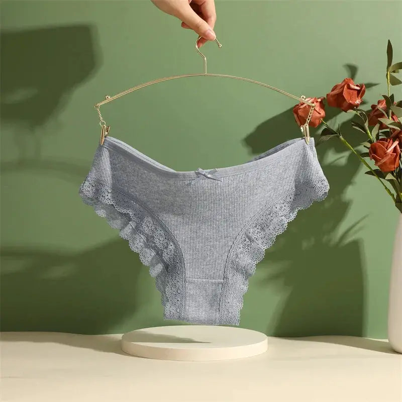 Gray cotton panties with lace trim and bow, low-rise on hanger