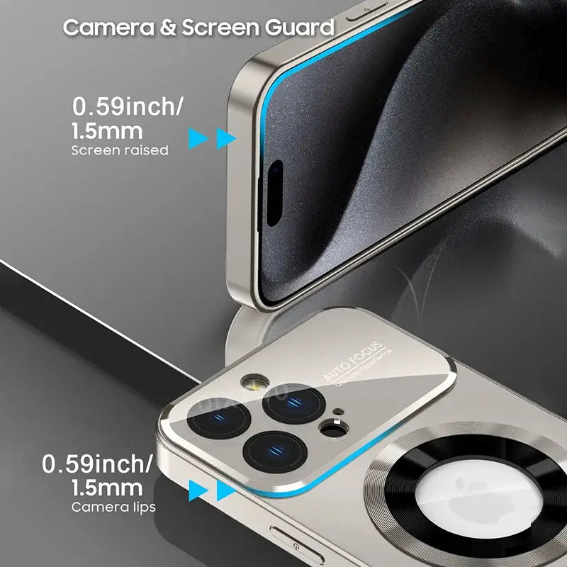 Simples Market luxury glass camera case for iPhone with MagSafe, clear back, blue trim, shockproof