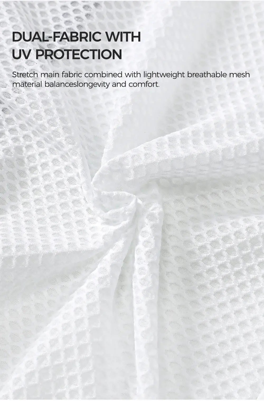 RION men's white windbreaker fabric close-up; dual-fabric mesh with UV protection