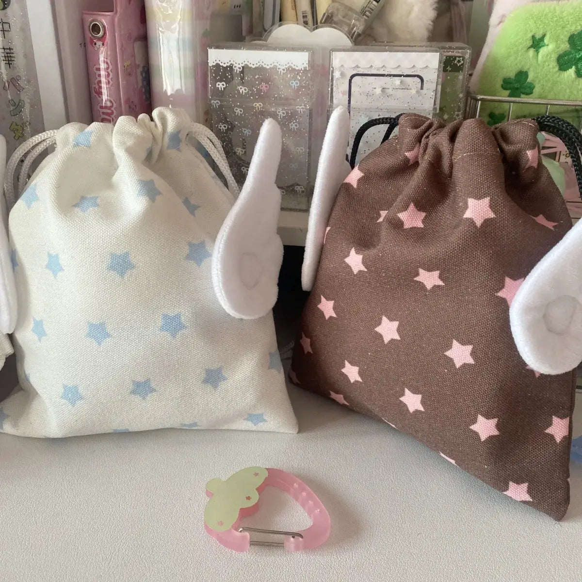 Star Pattern Drawstring Canvas Bag With Rope Closure Portable Dustproof Storage For Cosmetics And Stationery