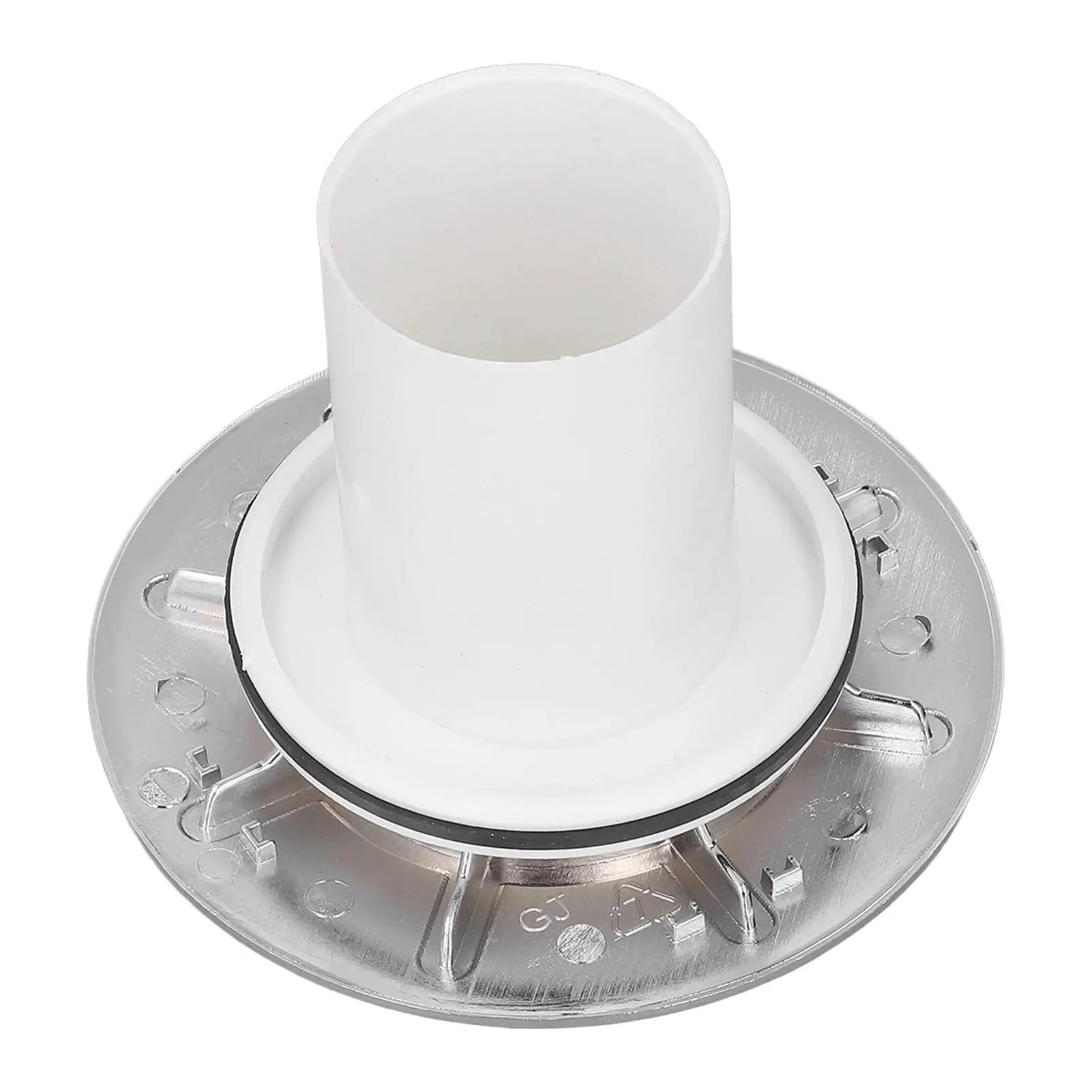 White plastic shower drain cover with metal flange