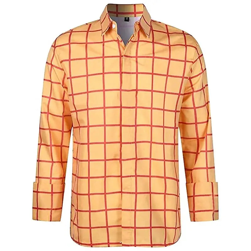 Men's long-sleeve plaid shirt in peach with red grid pattern for casual summer wear