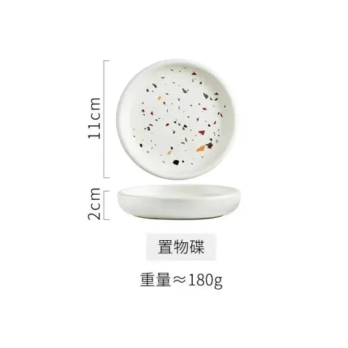 Terrazzo ceramic soap dish with white base and colorful specks, 11 cm diameter, 2 cm tall