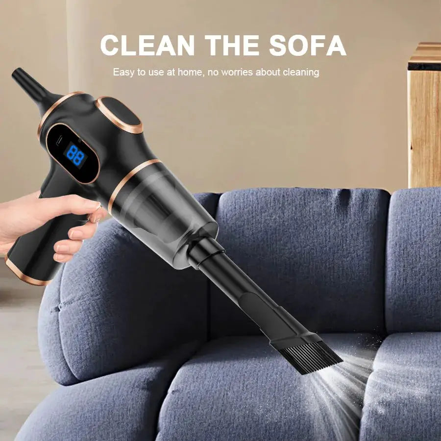 ABS wireless handheld vacuum cleaner by Simples Market in black with rose-gold trim, digital display, for sofa cleaning