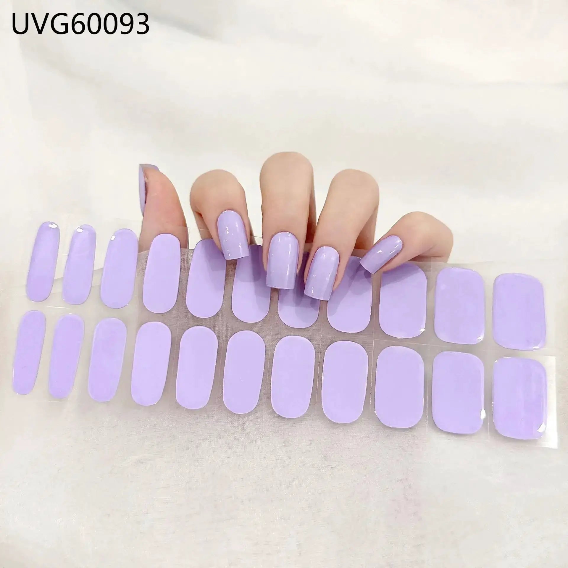 Gel nail wrap strips in lavender lilac for full-cover manicure, semi-cured gel nail stickers