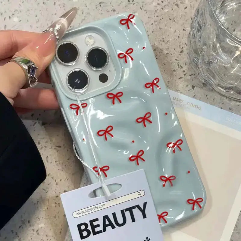 Red Bow Dots Folds Texture Case For iPhone 11 To 16 Pro Max Plus Shockproof Soft TPU Cover