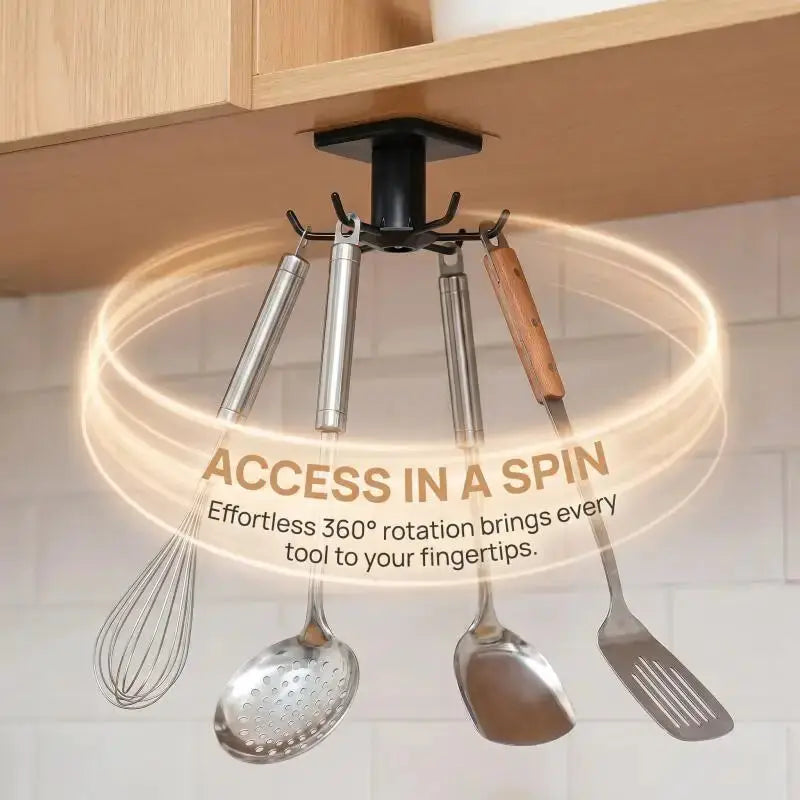 Simples Market 360° rotating adhesive utensil rack with 6 hooks under cabinet for spoons and spatulas