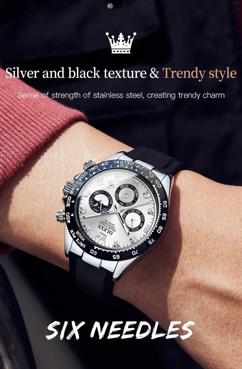 OLEVS 2875 men's luxury quartz chronograph watch with silver dial, black bezel, silicone strap worn on wrist