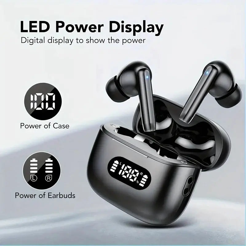 Wireless earbuds with LED power display charging case in black