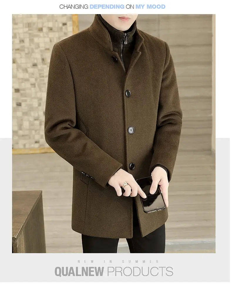 Men's brown wool trench coat by Simples Market with stand collar and front button closure