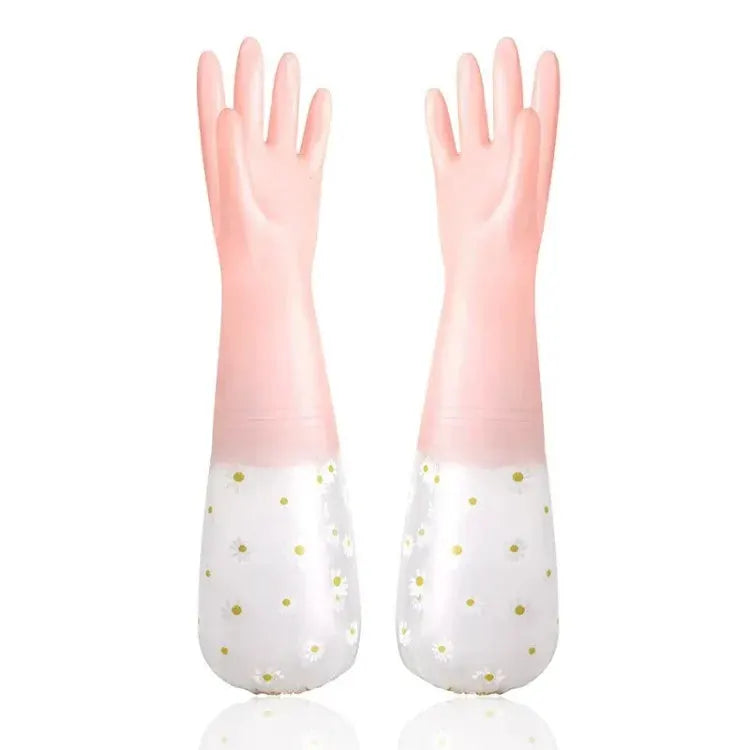 Simples Market floral-pattern latex cleaning gloves, pink with white daisy-printed cuffs, pair